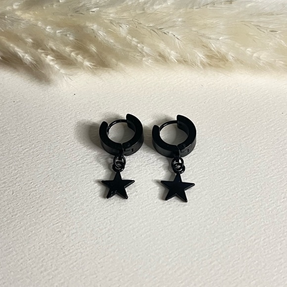 Dainty Goth Hoop Earrings,  Moon, Moth and Star Hoop Set, Edgy all Black Hoops - Picture 9 of 14